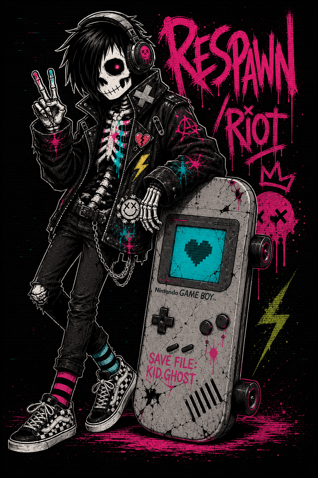 The Kid Ghost full-body illustration — skeleton in a patched leather jacket leaning on a Game Boy skateboard